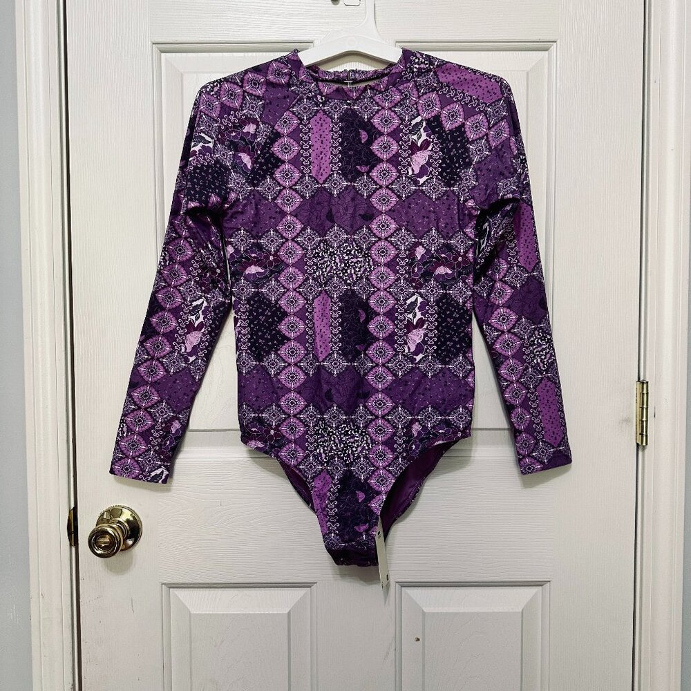 RUSTY LAVENDER FLORAL LONG SLEEVE OPEN BACK ONE PIECE SWIMSUIT